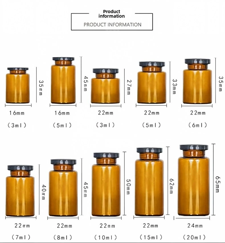 Amber vial size chart from 3ml to 20ml — 10 ml vial dimensions for PP Plastic Peptide Packaging Box